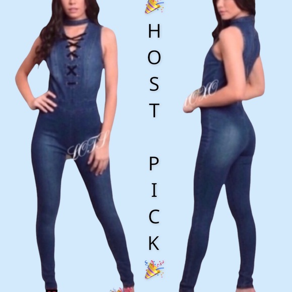 Pants - BLUE DENIM SLEEVELESS LACE UP JUMPSUIT